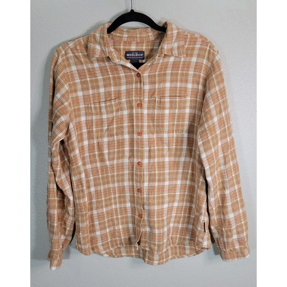 Woolrich‎ Women's Plaid Flannel Button Front Shirt Orange Green Cream Size M